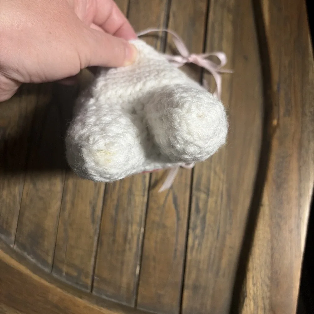 Handmade Crocheted Tooth Fairy Pillow Blue Eyes Pink Ribbon